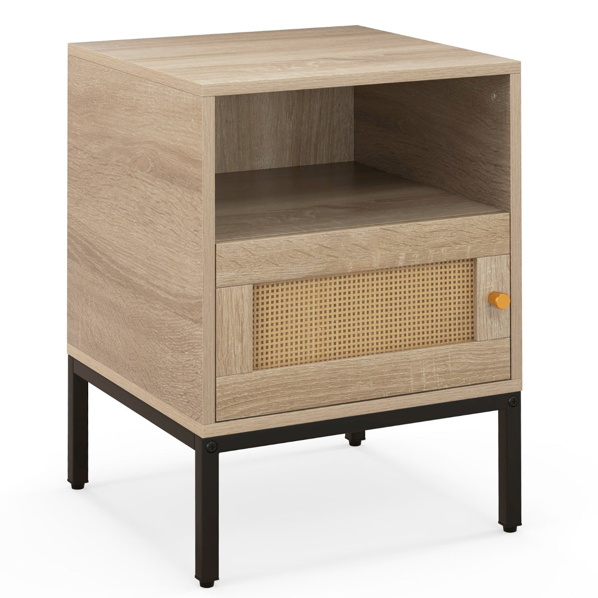LIVSK Nachtkastje Bohemien Stijl - Rotan Design - Ruim Tafelblad - Open Plank - Kast met Deur - 40 x 40 x 57 cm - Natuurlijk