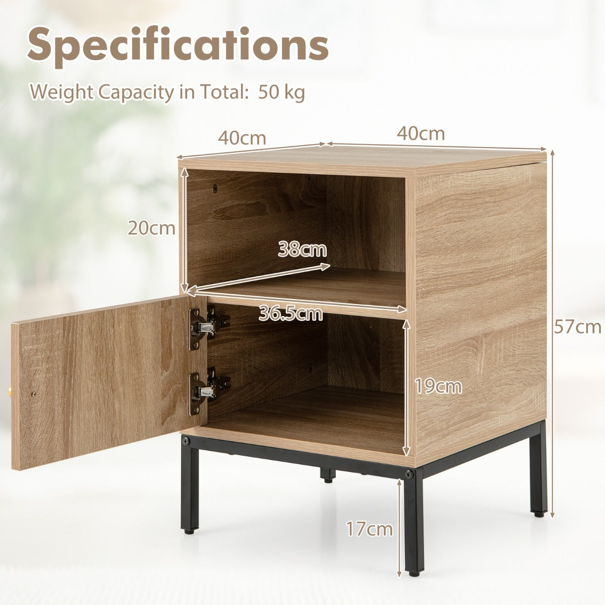 LIVSK Nachtkastje Bohemien Stijl - Rotan Design - Ruim Tafelblad - Open Plank - Kast met Deur - 40 x 40 x 57 cm - Natuurlijk