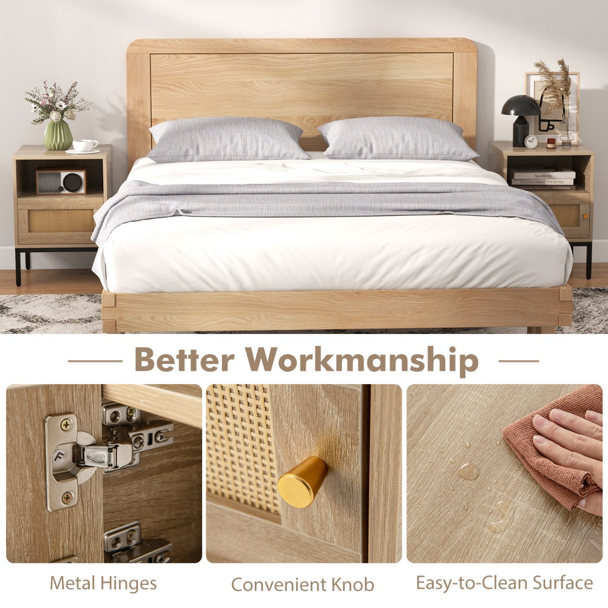 LIVSK Nachtkastje Bohemien Stijl - Rotan Design - Ruim Tafelblad - Open Plank - Kast met Deur - 40 x 40 x 57 cm - Natuurlijk