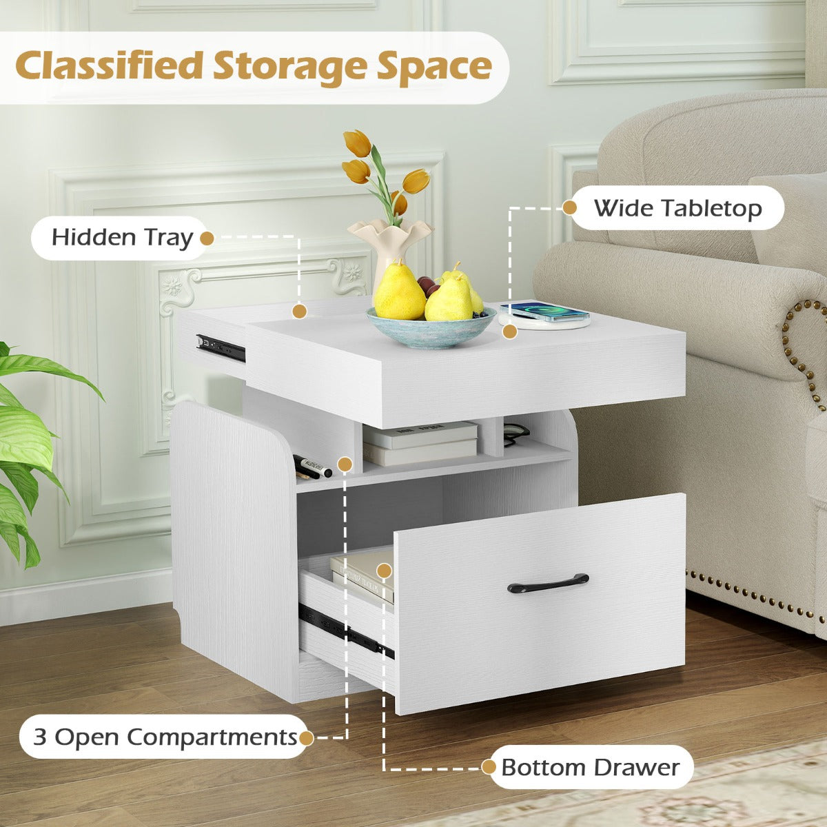 LIVSK Nachtkastje met Oplaadstation - 2 Stopcontacten, 1 USB, 1 Type-C - Verstelbaar Tafelblad - 50 x 40 x 55 cm - Wit