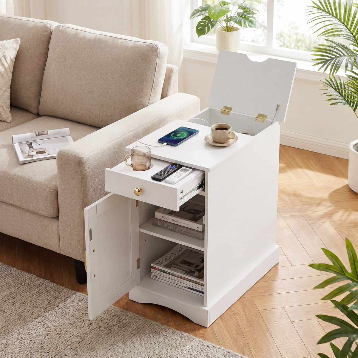 Livsk costway nachtkastje met oplaadstation bijzettafel met verstelbare plank houten nachtkastje set van 2 wit
