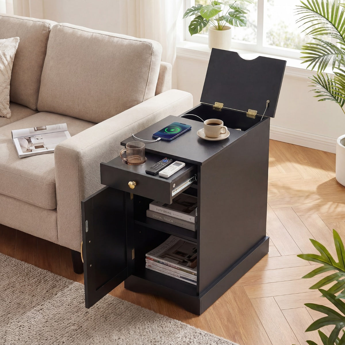 Livsk costway nachtkastje met oplaadstation bijzettafel met verstelbare plank houten nachtkastje set van 2 zwart
