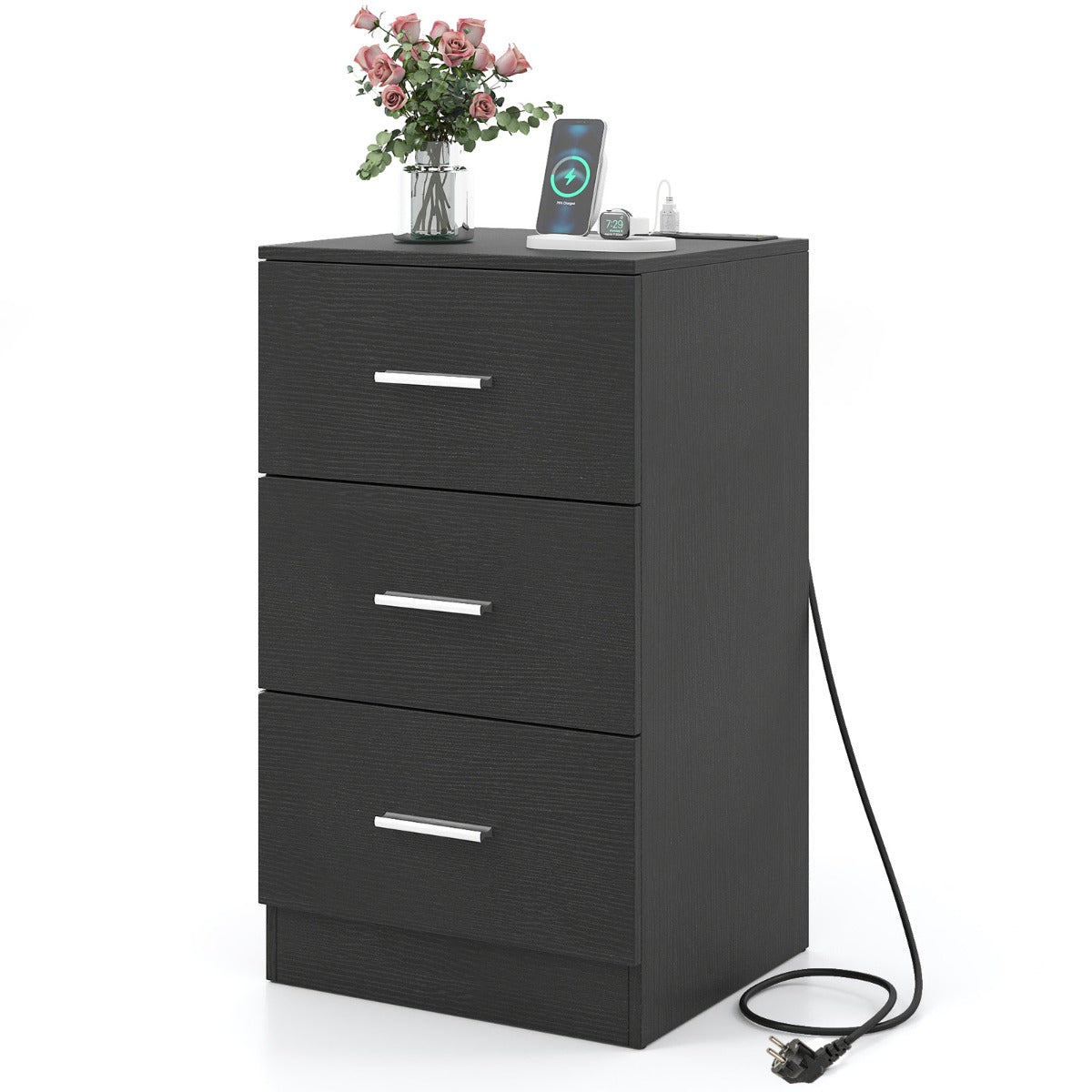 Livsk costway nachtkastje met oplaadstation modern nachtkastje met 3 opberglades 38 x 35 x 66 cm zwart 1 1