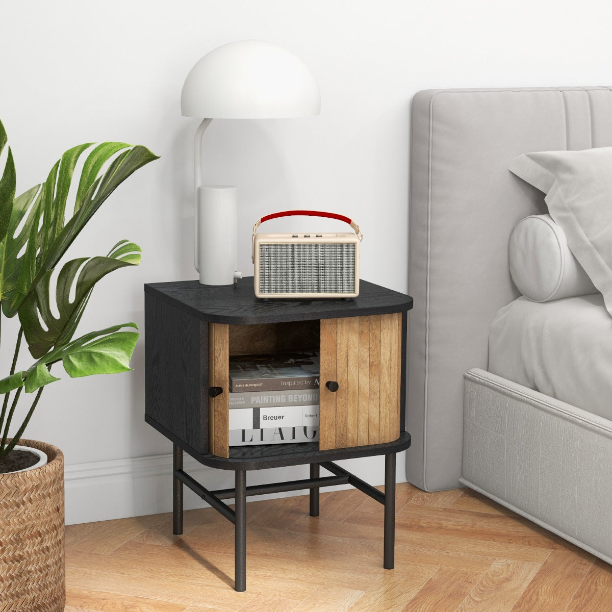 LIVSK Modern Nachtkastje met Schuifdeuren - Duurzaam Hout - Metalen Poten - Compact 40 x 39 x 49 cm - Zwart + Bruin