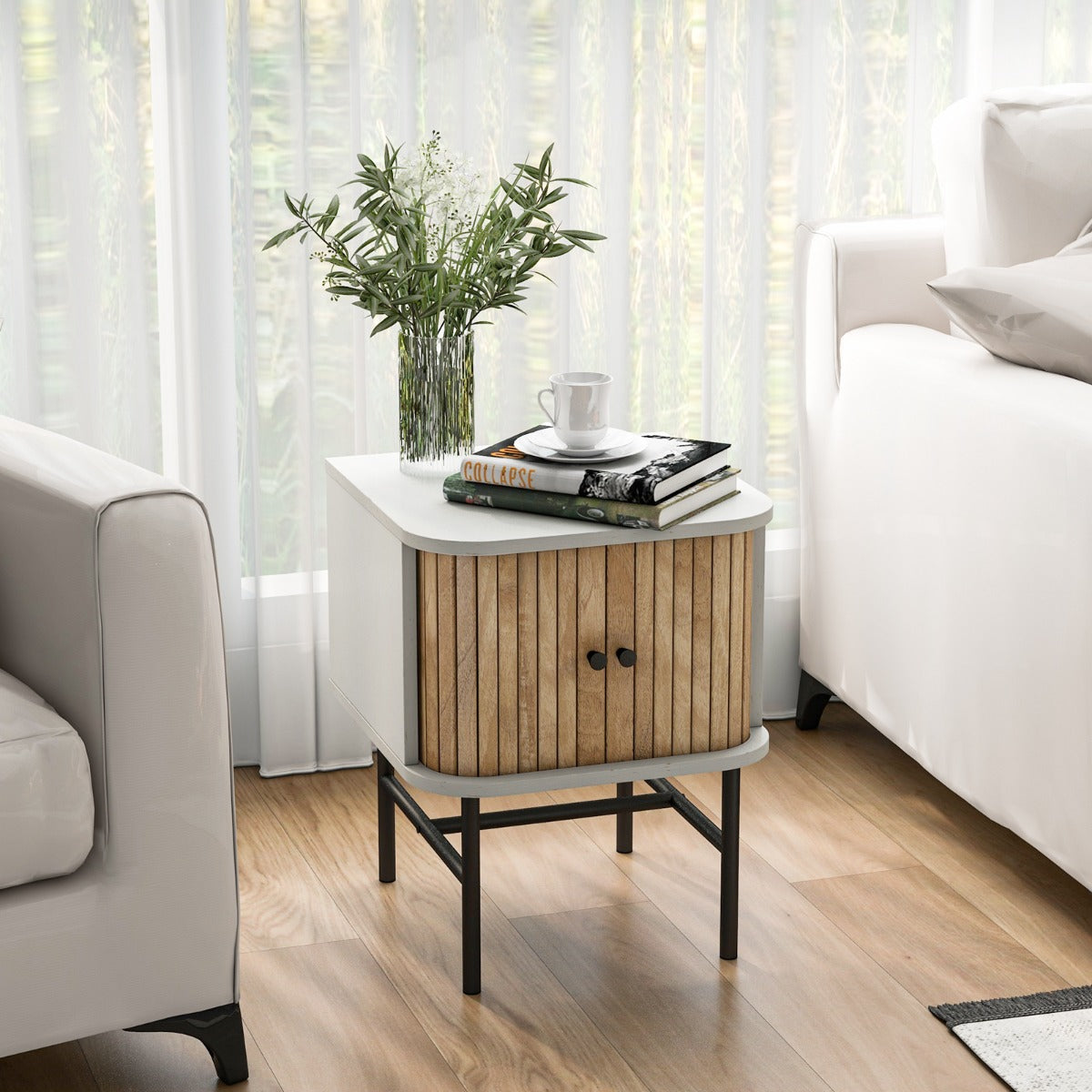 LIVSK Bijzettafel met Schuifdeuren - Duurzaam Hout - Stevige Metalen Poten - Compact Design - 40 x 39 x 49 cm - Wit