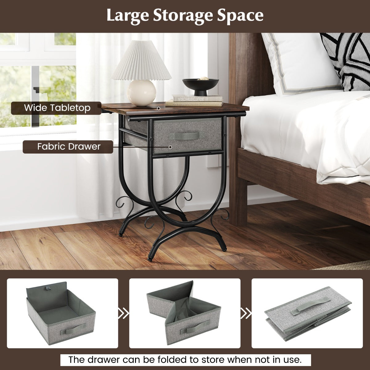 LIVSK Nachtkastje met Stoffen Lade - Stevig Metaal met Poedercoating - Compact en Functioneel - Industrieel Design - Zwart