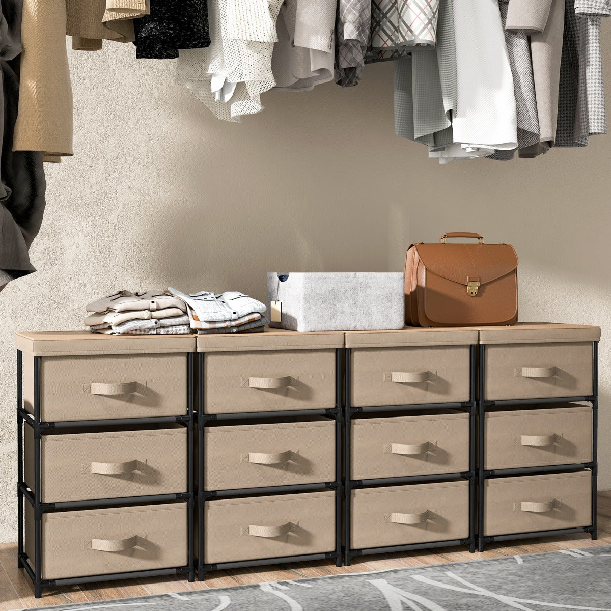 Livsk costway nachtkastje met stoffen lades bijzettafel met metalen frame stoffen ladekast kledingkast 2