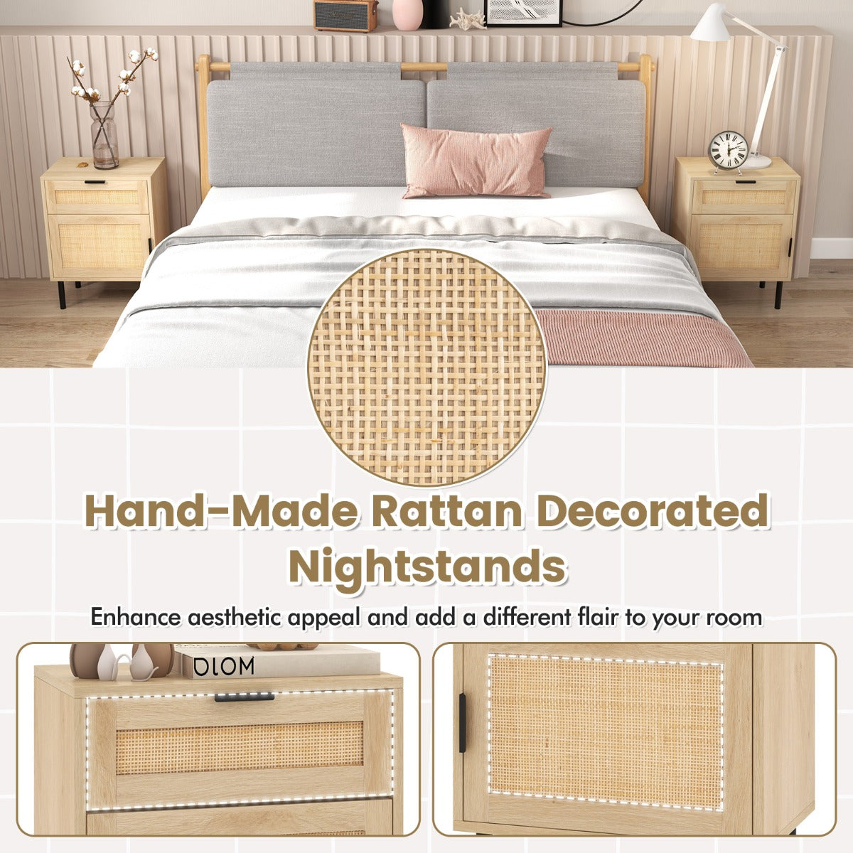 LIVSK Nachtkastjes - Rieten Decoratie - Ruime Lade en Kast - Kantelbeveiliging - Voor Slaapkamer of Woonkamer - Natuurlijk