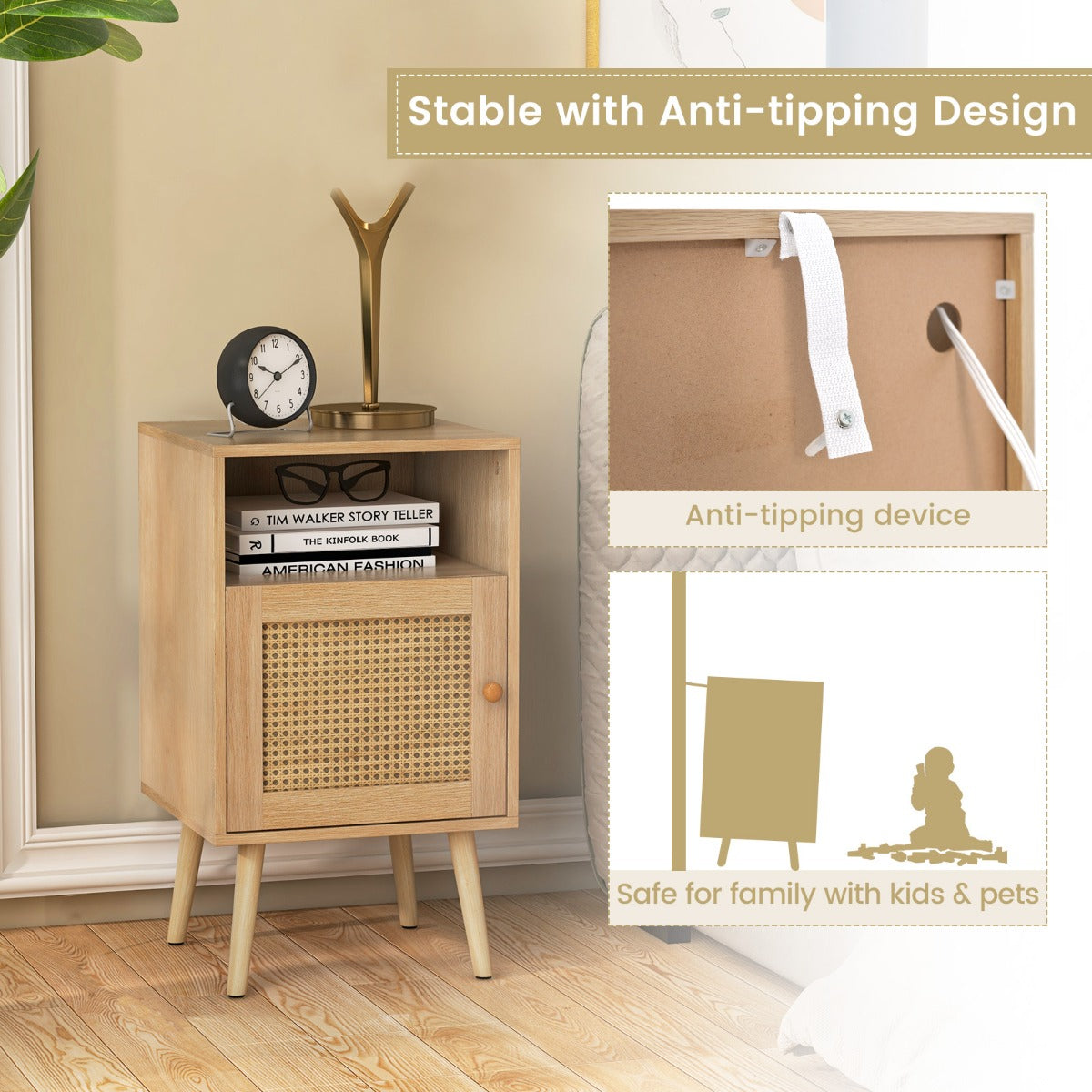LIVSK Rotan Nachtkastje met Laadstation - 3 Niveaus Opbergruimte - Stabiele Grenen Poten - Voor Slaapkamer & Woonkamer - 40 x 39