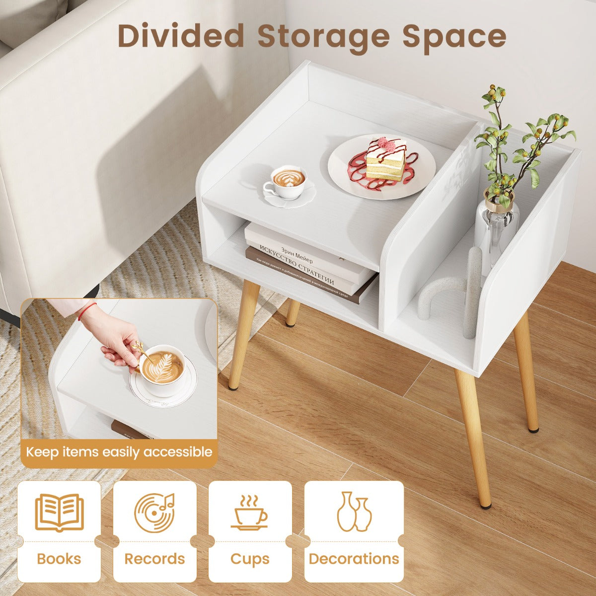 LIVSK Nachtkastje Set van 2 - Modern Design met Open Vak - Verstelbare Metalen Poten - Eenvoudig Schoon te Maken - 50 x 32 x 58