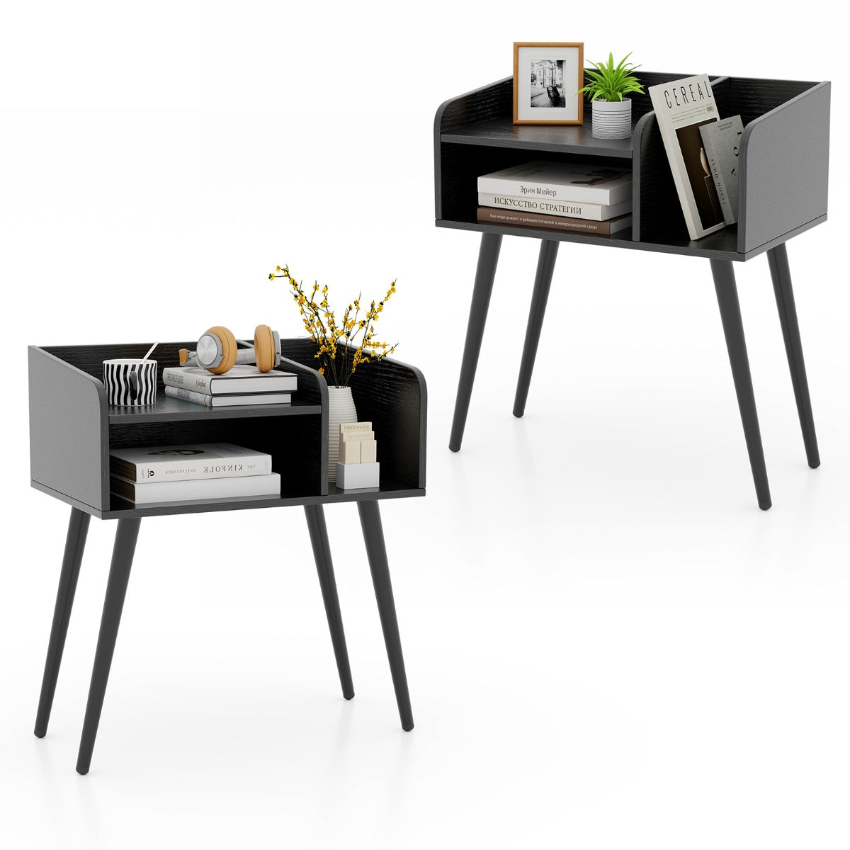 LIVSK Nachtkastje Set van 2 - Ruime Opbergruimte met Verhoogd Design - Stevige Metalen Poten - Veilig en Stijlvol - Wit + Natuur