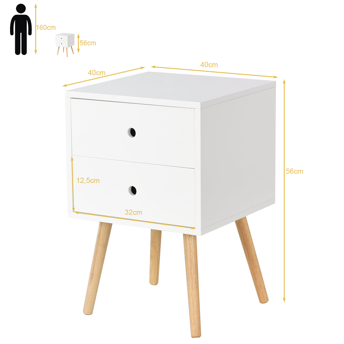 LIVSK Bijzettafel - MDF met Eikenhouten Poten - 2 Uitschuifbare Lades - Stevige Constructie - Draagvermogen 30 kg - Wit
