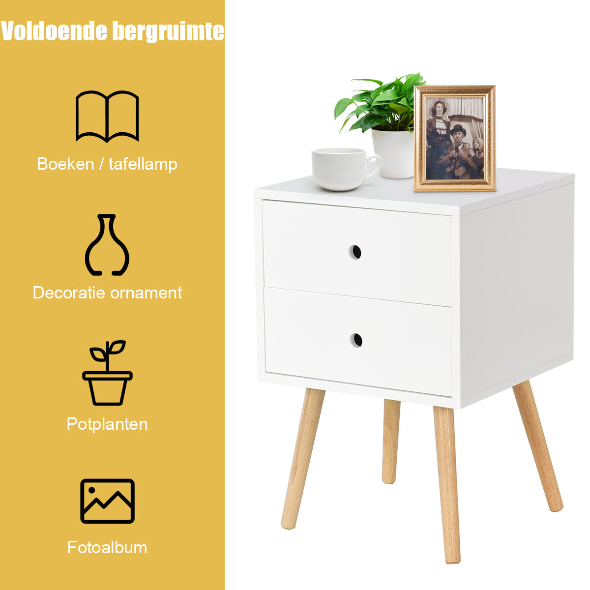 LIVSK Bijzettafel - MDF met Eikenhouten Poten - 2 Uitschuifbare Lades - Stevige Constructie - Draagvermogen 30 kg - Wit