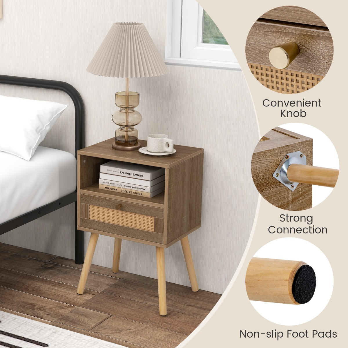 Livsk costway nachtkastjes met rotanversiering moderne multifunctionele accenttafel in voor de woonkamer slaapkamer 3