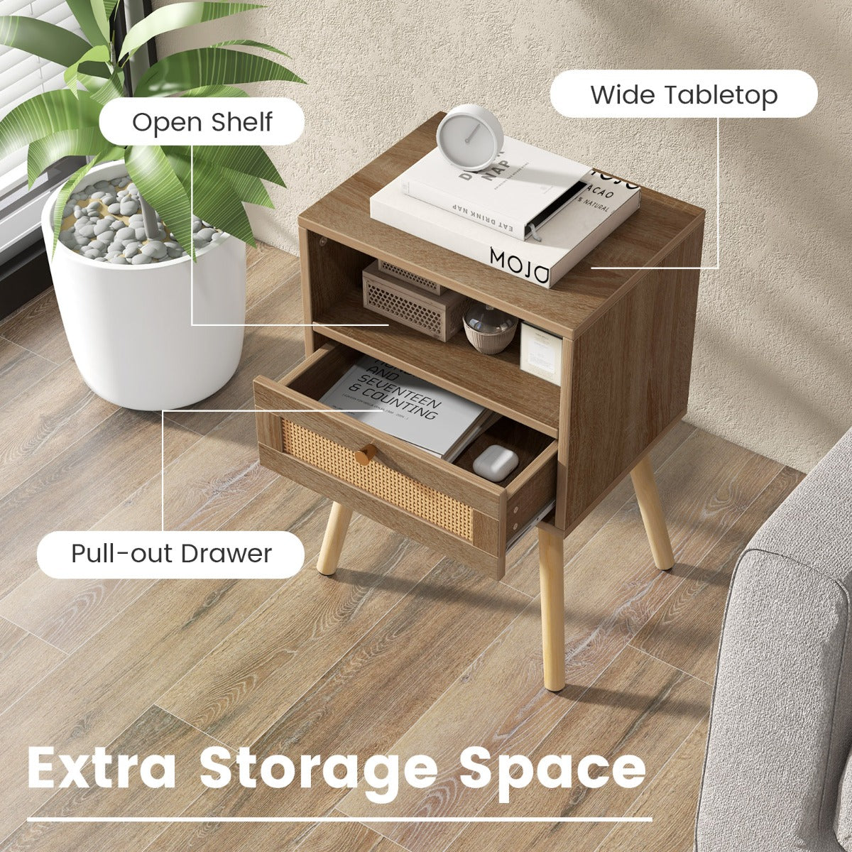 Livsk costway nachtkastjes met rotanversiering moderne multifunctionele accenttafel in voor de woonkamer slaapkamer 4