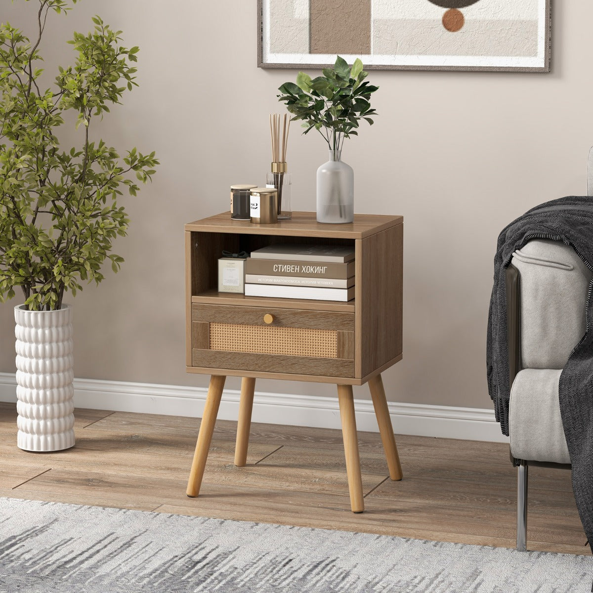 Livsk costway nachtkastjes met rotanversiering moderne multifunctionele accenttafel in voor de woonkamer slaapkamer 6