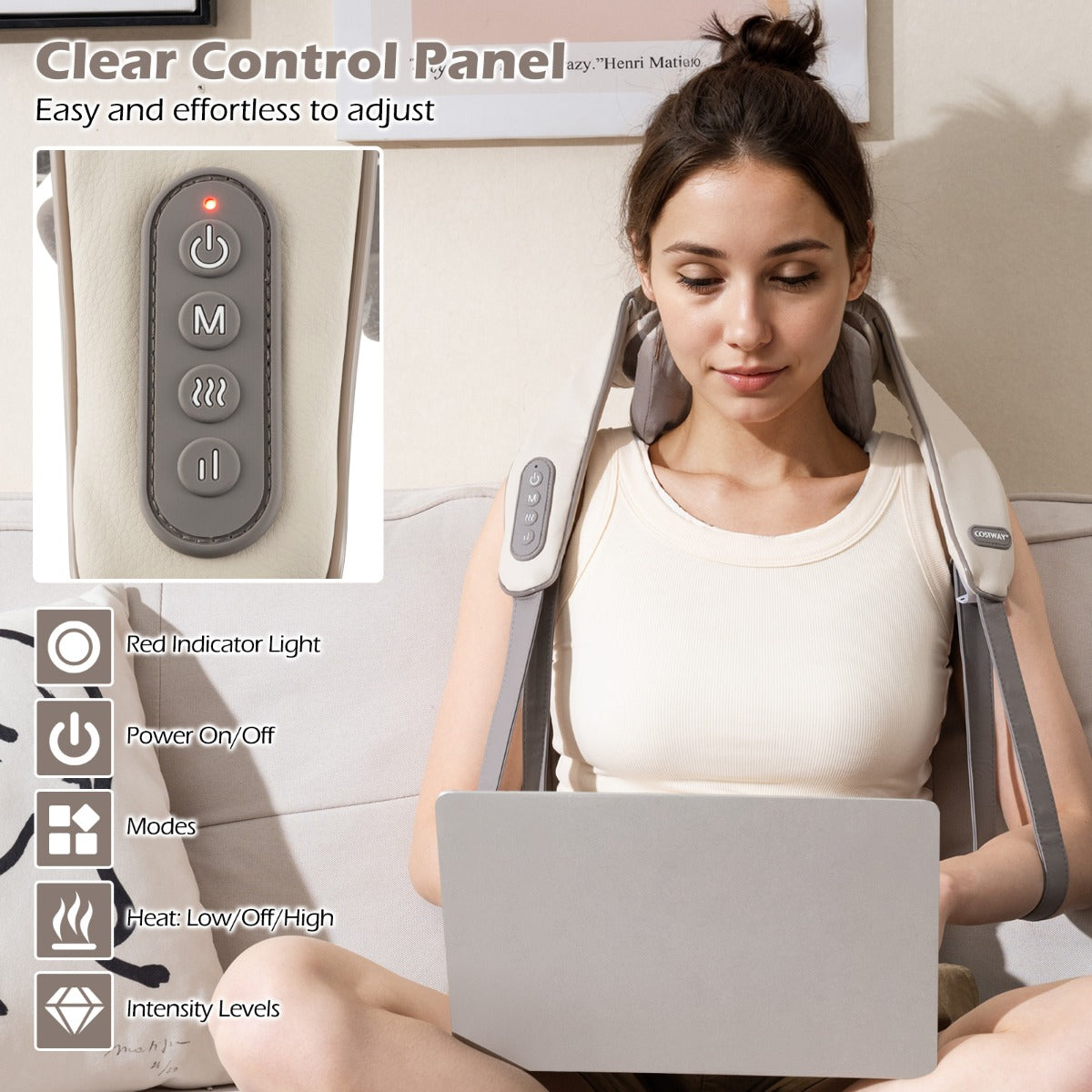 LIVSK Draagbare Draadloze Massager - 4D Shiatsu - 2 Massage Modi - Warmtefunctie - Voor Nek, Schouders, Taille, Benen - Beige