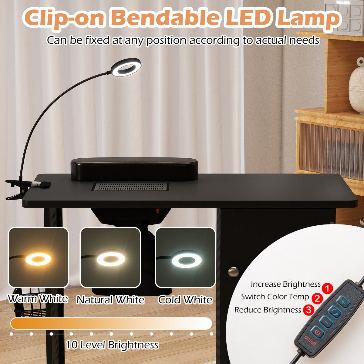 LIVSK Manicuretafel met Afzuigventilator - 4 Lades - Verstelbare Lamp - Wielen voor Mobiliteit - Professioneel en Thuisgebruik -