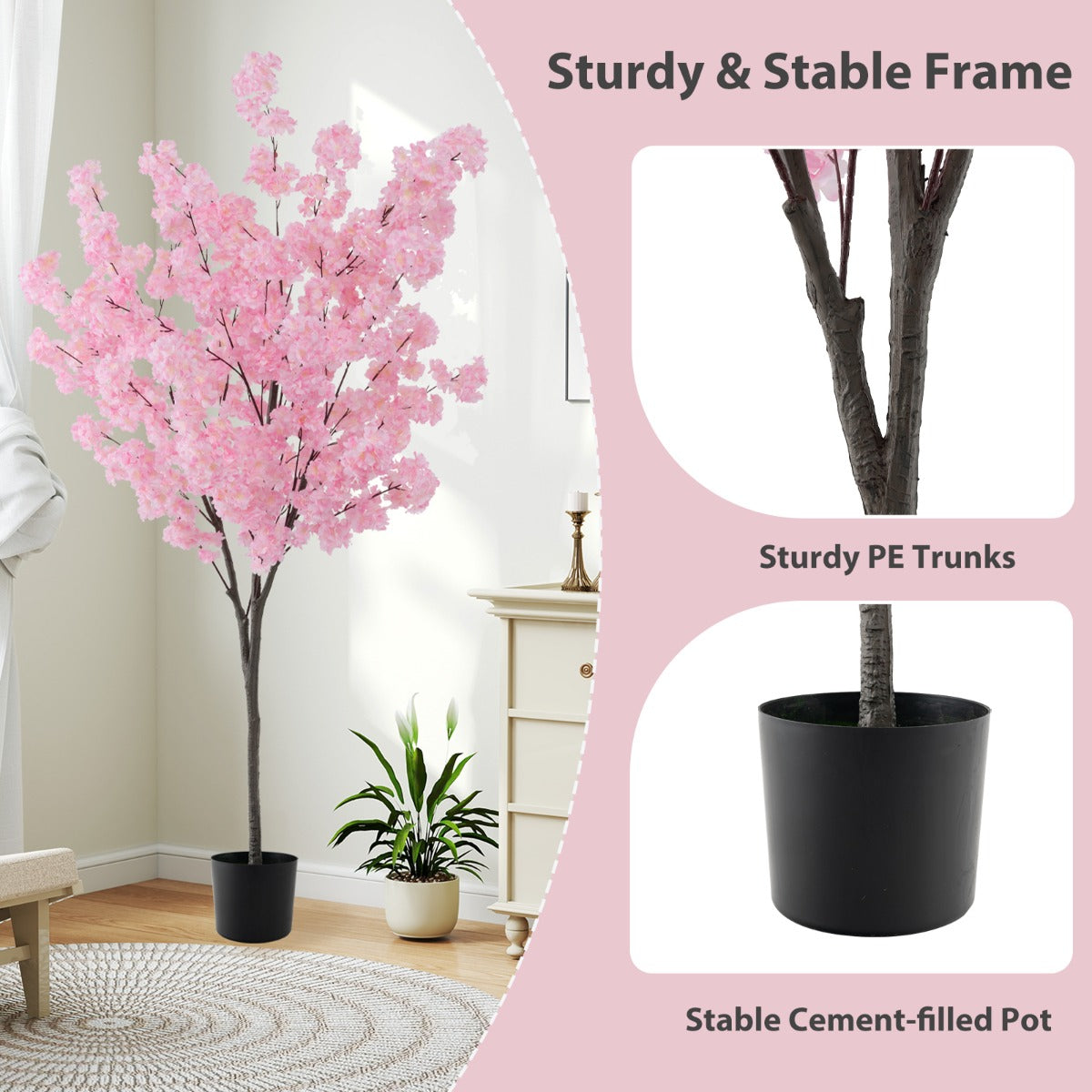 LIVSK Namaak Kersenbloesemboom - 900 Roze Bloemen - PE Stam - Cement Pot - Onderhoudsvrij - 20 x 17,5 x 16,5 cm - Roze