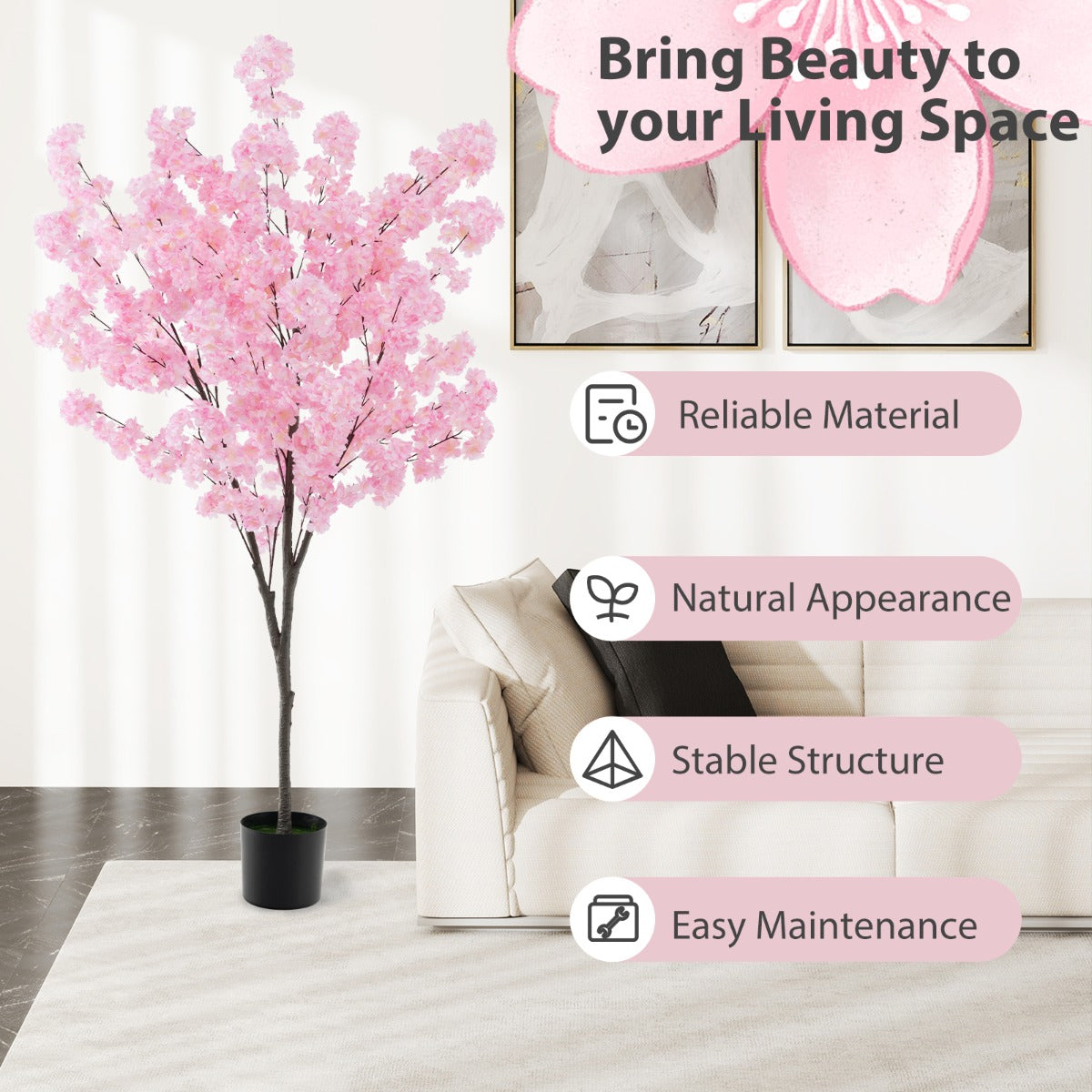 LIVSK Namaak Kersenbloesemboom - 900 Roze Bloemen - PE Stam - Cement Pot - Onderhoudsvrij - 20 x 17,5 x 16,5 cm - Roze