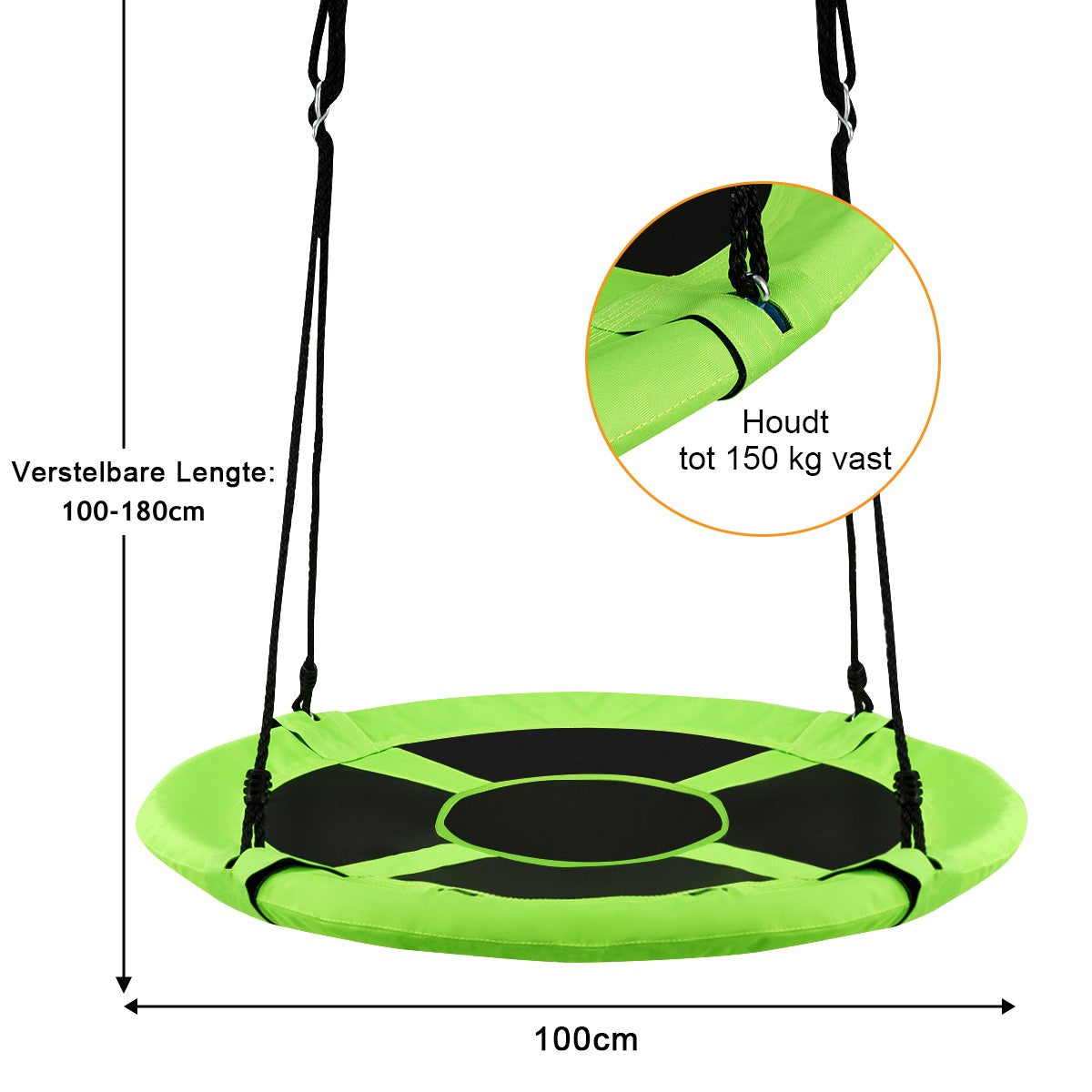 LIVSK Nestschommel voor Kinderen - Draagvermogen tot 150 kg - Verstelbare Hoogte 100-180 cm - Duurzaam Stalen Frame - Groen