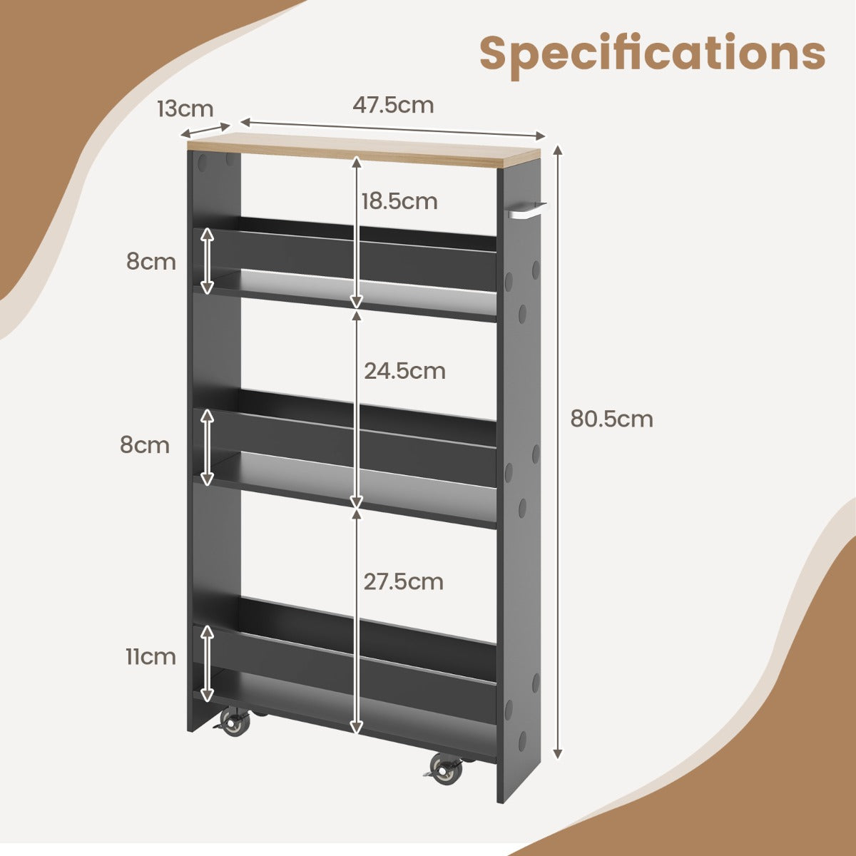 LIVSK Opbergtrolley op Wieltjes - 4 Niveaus - Compact en Ruimtebesparend - Handgreep - Totale Afmetingen 47,5 x 13 x 80,5 cm -