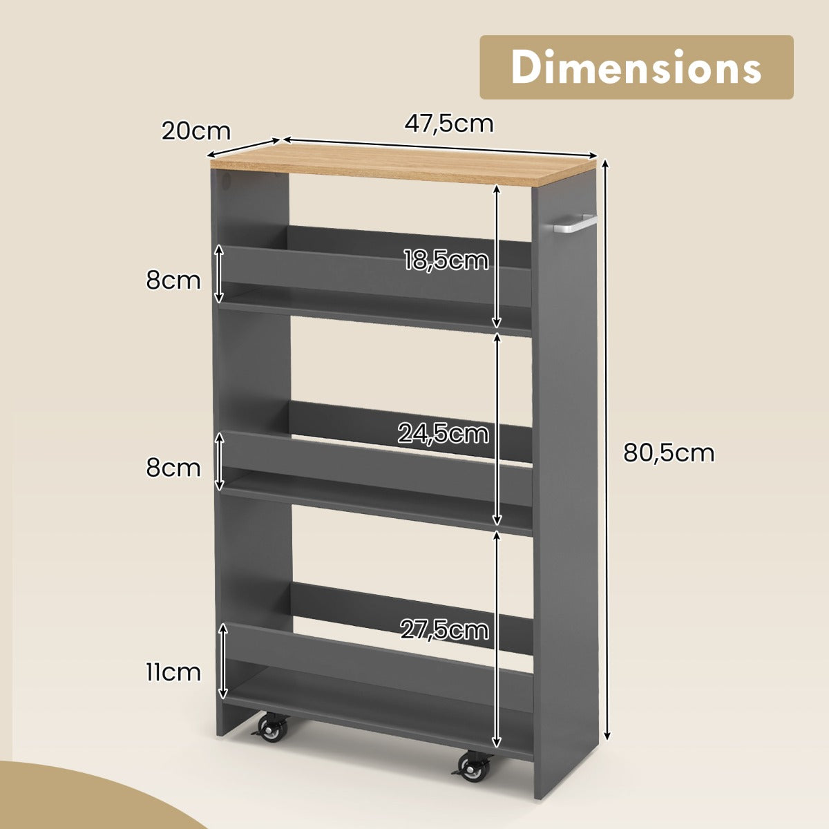 LIVSK Keukentrolley - 4 Etages met Slimme Plankindeling - 360° Draaiende Wielen - Handgreep - 47,5 x 20 x 80,5 cm - Grijs