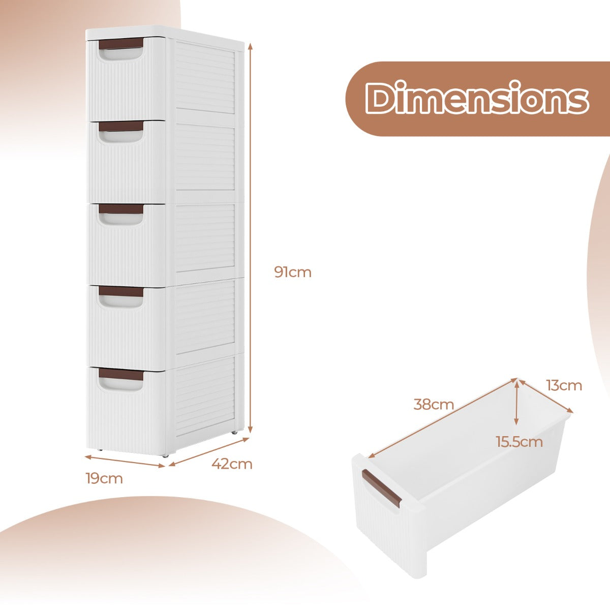 LIVSK rollende opbergkast - Vijf lades - Waterdicht PP - Slank ontwerp - Makkelijk te verplaatsen - 42 x 19 x 74 cm - Wit