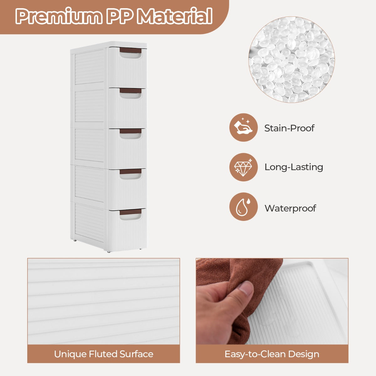 LIVSK rollende opbergkast - Vijf lades - Waterdicht PP - Slank ontwerp - Makkelijk te verplaatsen - 42 x 19 x 74 cm - Wit