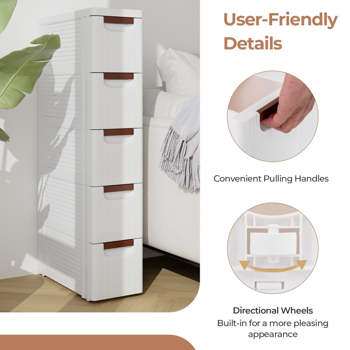 LIVSK rollende opbergkast - Vijf lades - Waterdicht PP - Slank ontwerp - Makkelijk te verplaatsen - 42 x 19 x 74 cm - Wit