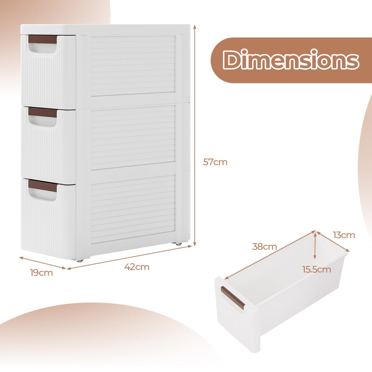 LIVSK Rollende Opberger met 3 Lades - Slank Ontwerp - Ingebouwde Wielen - Voor Kleine Ruimtes - 42 x 19 x 74 cm - Wit