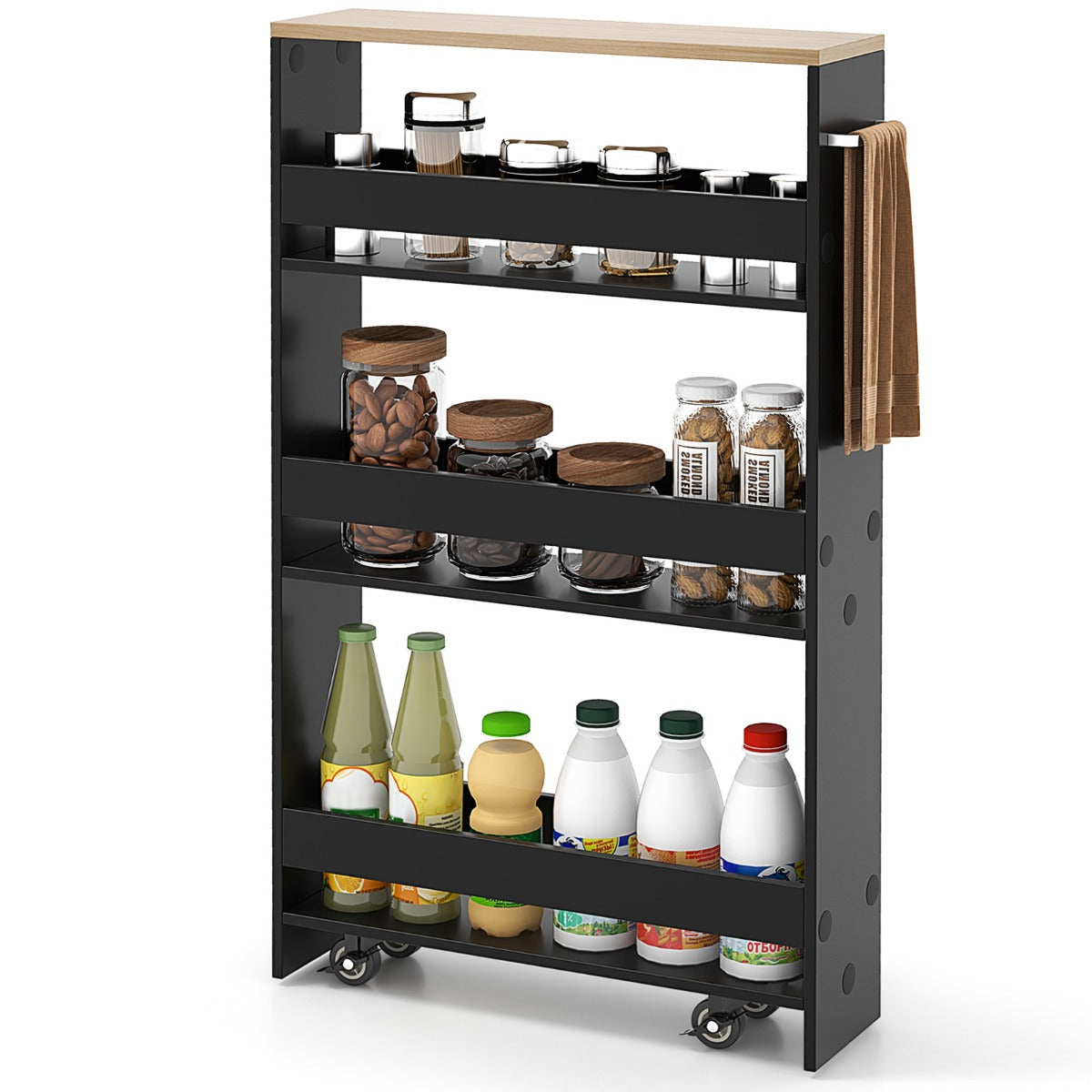 LIVSK Opbergtrolley - 4 Planken met Handgreep - 360° Draaiende Wielen - Vergrendelbare Wielen - 47,5 x 20 x 80,5 cm - Zwart