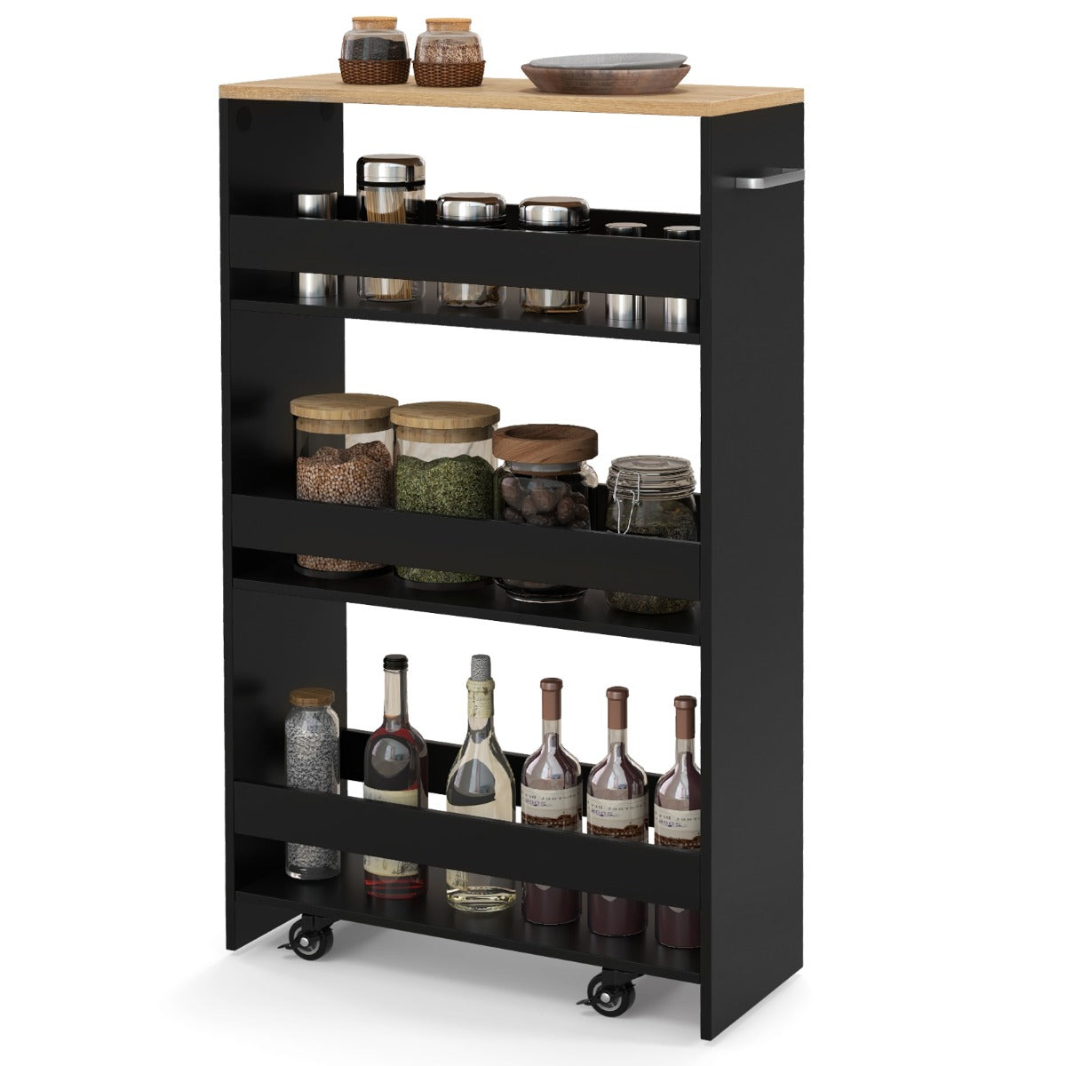 LIVSK Opbergtrolley - 4 Planken met Handgreep - 360° Draaiende Wielen - Vergrendelbare Wielen - 47,5 x 20 x 80,5 cm - Zwart