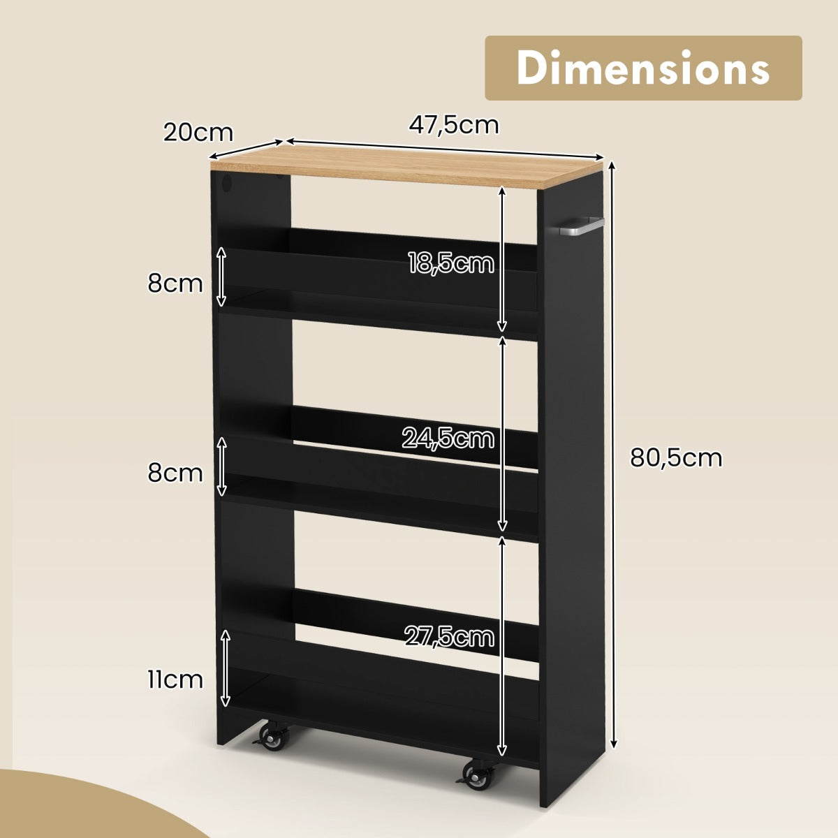 LIVSK Opbergtrolley - 4 Planken met Handgreep - 360° Draaiende Wielen - Vergrendelbare Wielen - 47,5 x 20 x 80,5 cm - Zwart