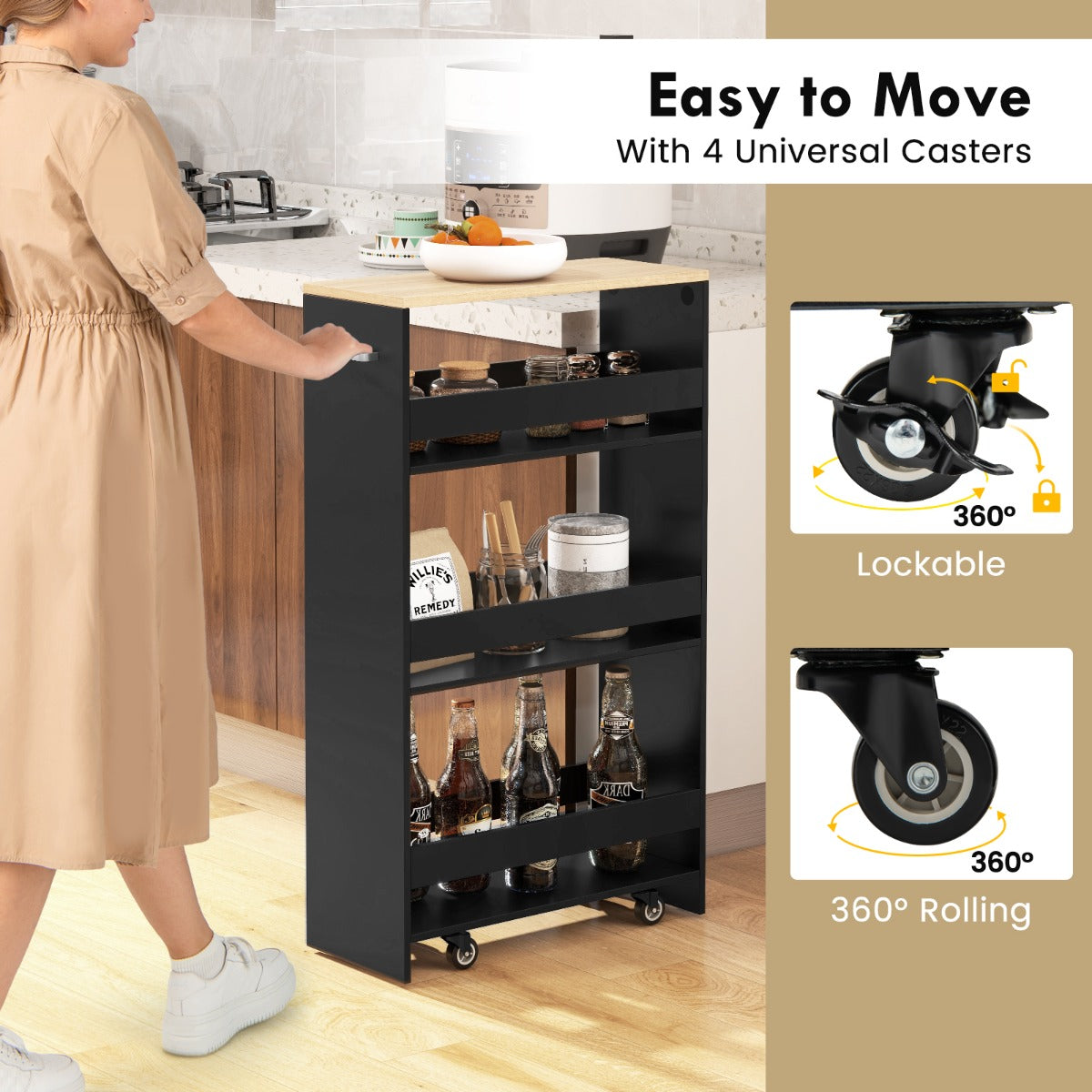 LIVSK Opbergtrolley - 4 Planken met Handgreep - 360° Draaiende Wielen - Vergrendelbare Wielen - 47,5 x 20 x 80,5 cm - Zwart