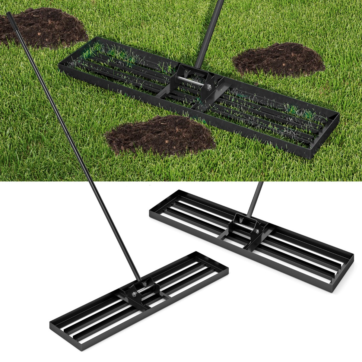 LIVSK Ergonomische Grasvlakker - Robuust Metalen Frame - Afneembare Stokken - Voor Efficiënt Gazononderhoud - 106 x 25 cm - Zwart