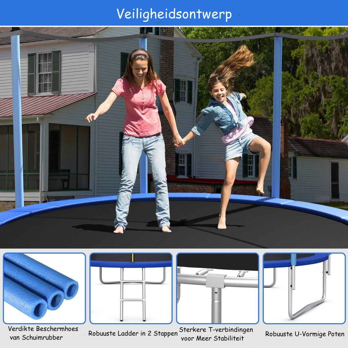 LIVSK Trampoline met Veiligheidsnet - Gegalvaniseerd Staal - Hoge Bounce - 42 Veren - Voor Kinderen vanaf 6 Jaar - Zwart + Blauw