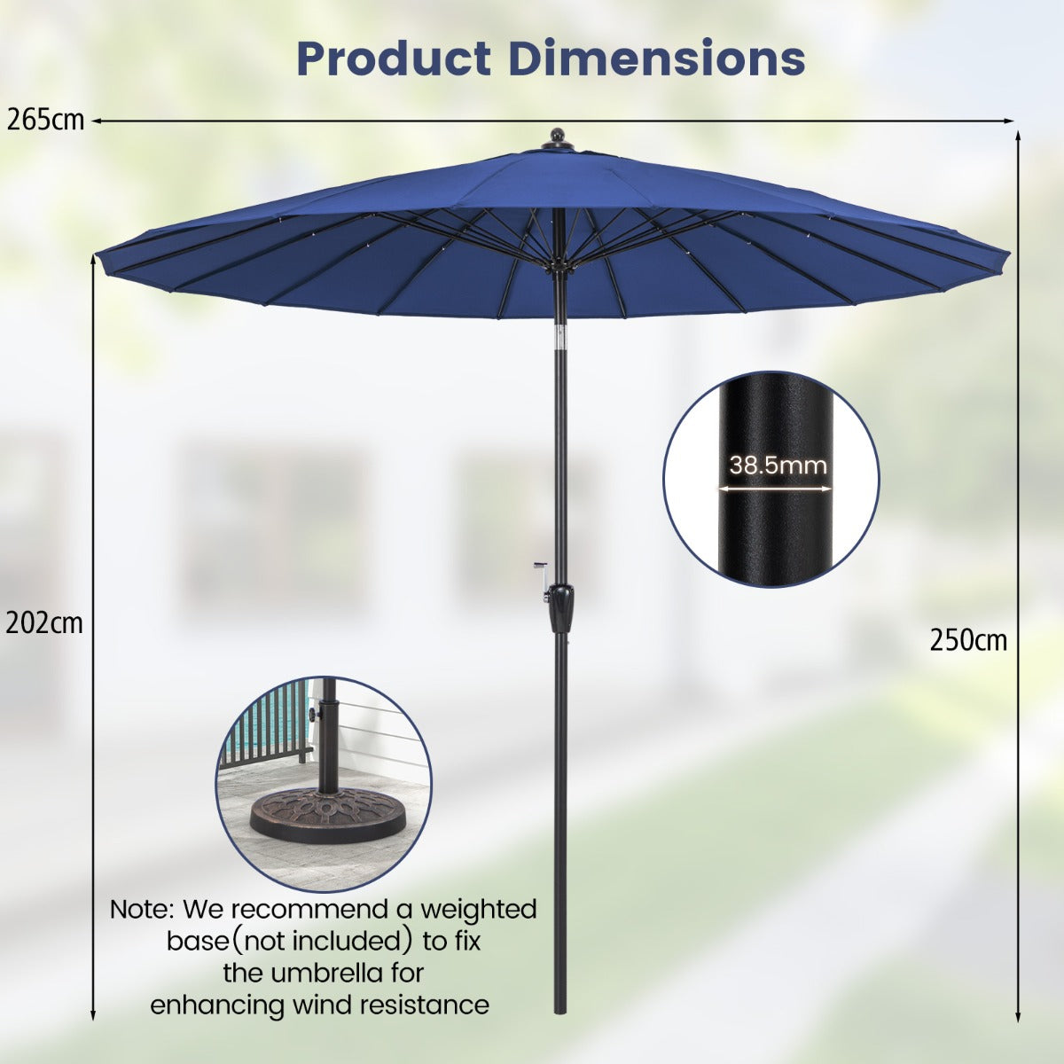 LIVSK Kantelbare Terrasparasol met Zwengel - UV-Bescherming 50+ - 18 Glasvezelribben - Eenvoudige Installatie - Blauw