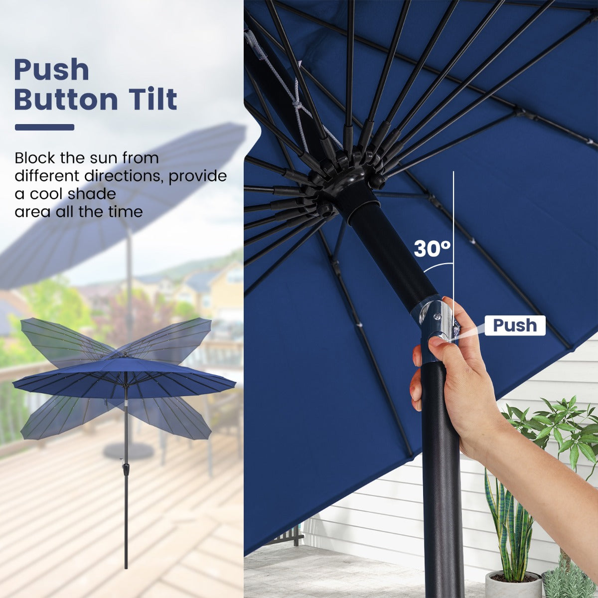 LIVSK Kantelbare Terrasparasol met Zwengel - UV-Bescherming 50+ - 18 Glasvezelribben - Eenvoudige Installatie - Blauw