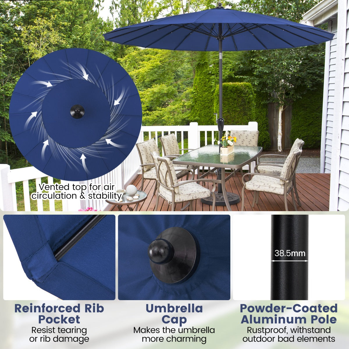 LIVSK Kantelbare Terrasparasol met Zwengel - UV-Bescherming 50+ - 18 Glasvezelribben - Eenvoudige Installatie - Blauw