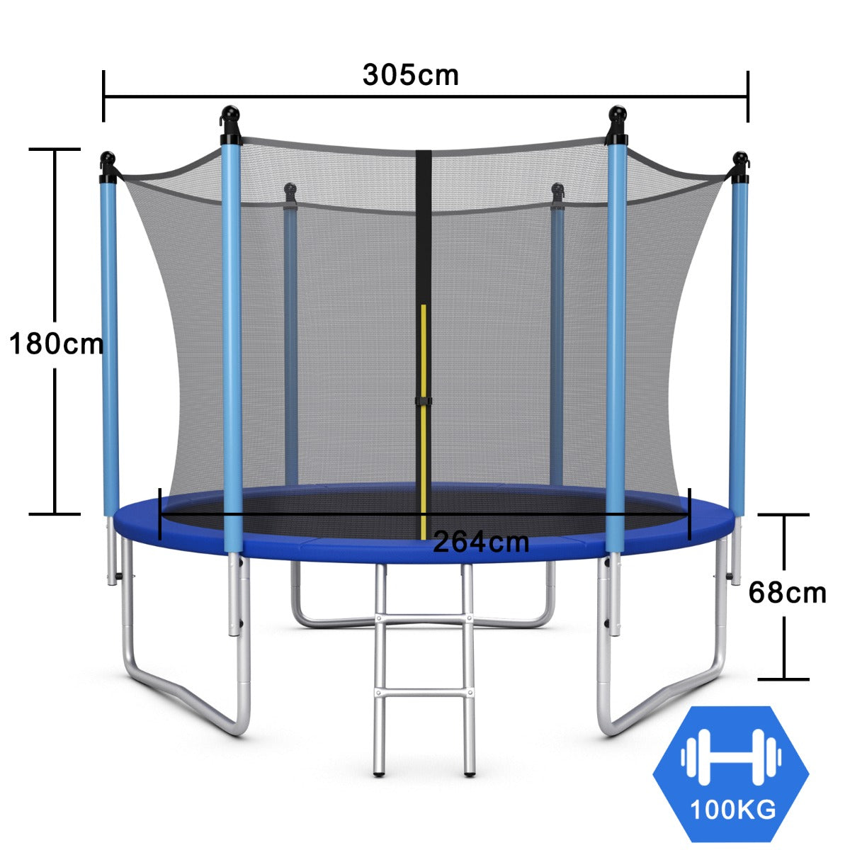LIVSK Recreatietrampoline Ø 305 cm - Veiligheidsnet - Duurzaam Stalen Frame - Veerkrachtige Veren - Tot 100 kg - Zwart & Blauw