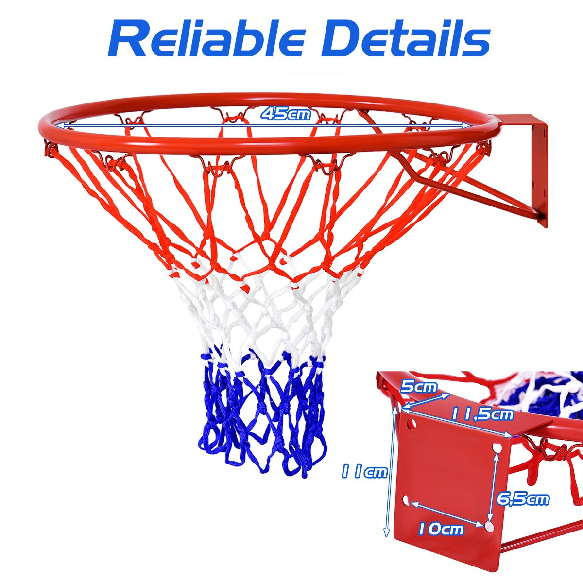 LIVSK Basketbalring - Stalen Frame met Poedercoating - Weerbestendig PE-net - Eenvoudig te Installeren - Rood, Wit, Blauw