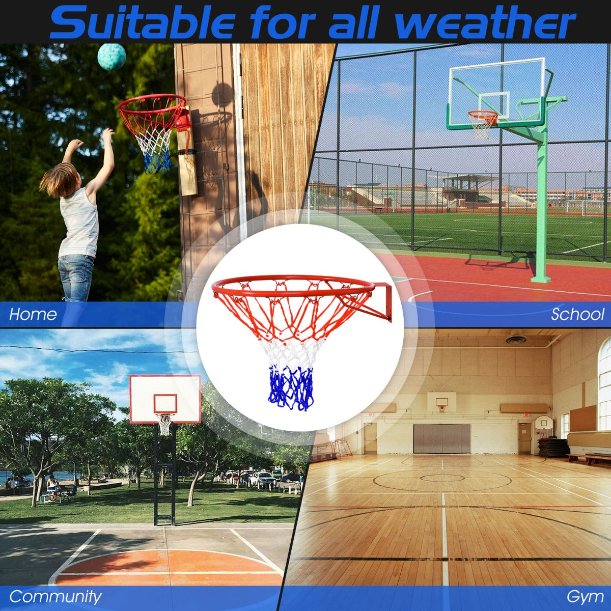 LIVSK Basketbalring - Stalen Frame met Poedercoating - Weerbestendig PE-net - Eenvoudig te Installeren - Rood, Wit, Blauw