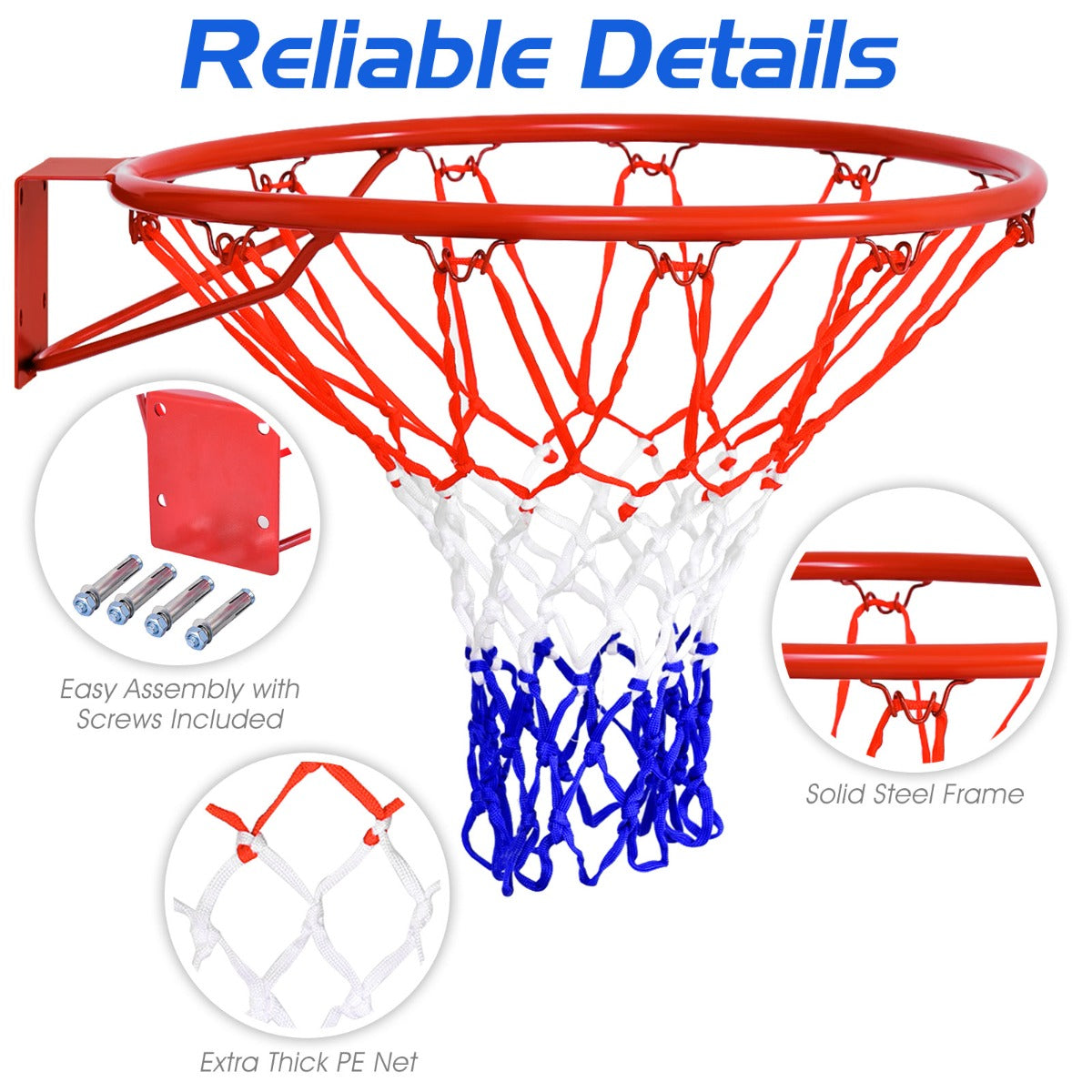 LIVSK Basketbalring - Stalen Frame met Poedercoating - Weerbestendig PE-net - Eenvoudig te Installeren - Rood, Wit, Blauw