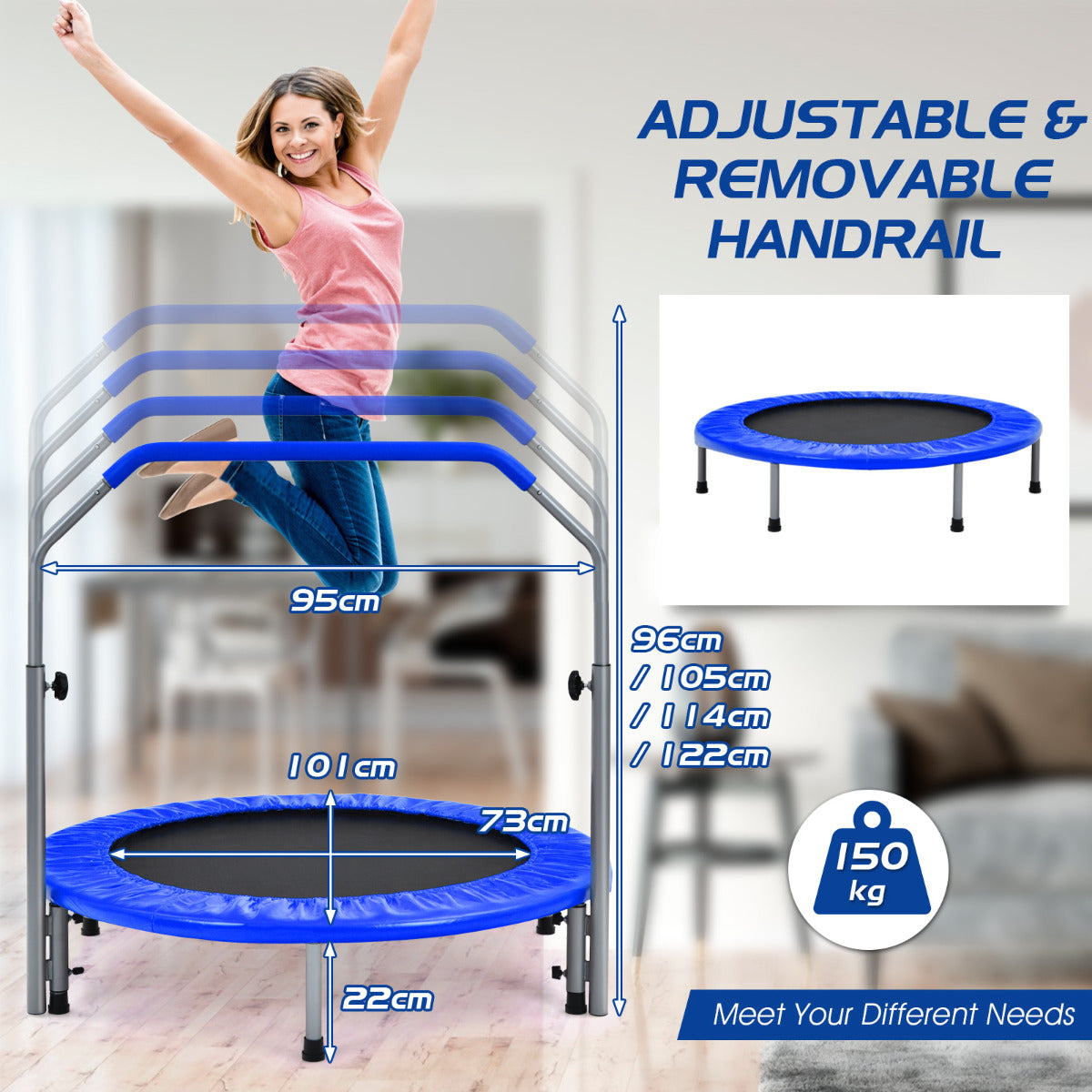 LIVSK Opvouwbare Trampoline - Verstelbare Schuimrubberen Leuning - Draagbaar met Draagtas - Tot 150 kg - Blauw