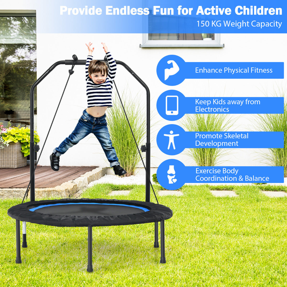 LIVSK Opvouwbare Fitness Trampoline - 2 Weerstandsbanden - In hoogte verstelbare leuning - Tot 150 kg - 75 cm springruimte - Blauw