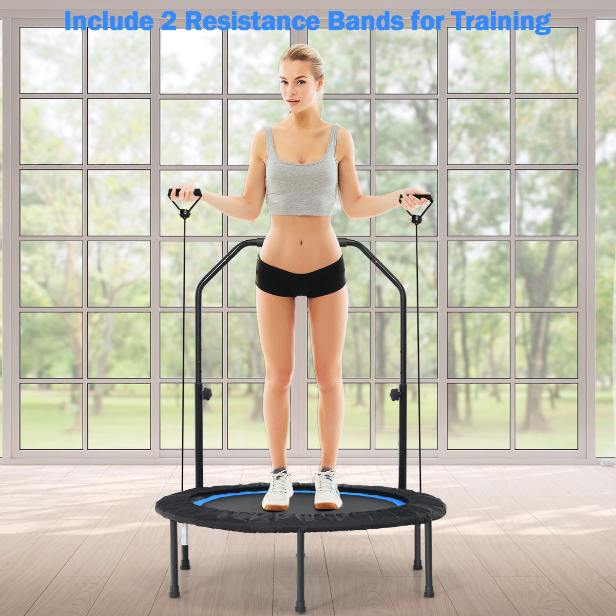 LIVSK Opvouwbare Fitness Trampoline - 2 Weerstandsbanden - In hoogte verstelbare leuning - Tot 150 kg - 75 cm springruimte - Blauw