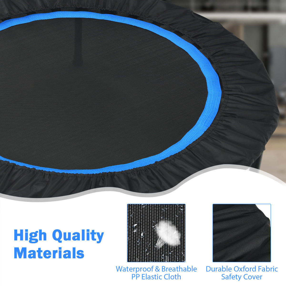 LIVSK Opvouwbare Fitness Trampoline - 2 Weerstandsbanden - In hoogte verstelbare leuning - Tot 150 kg - 75 cm springruimte - Blauw