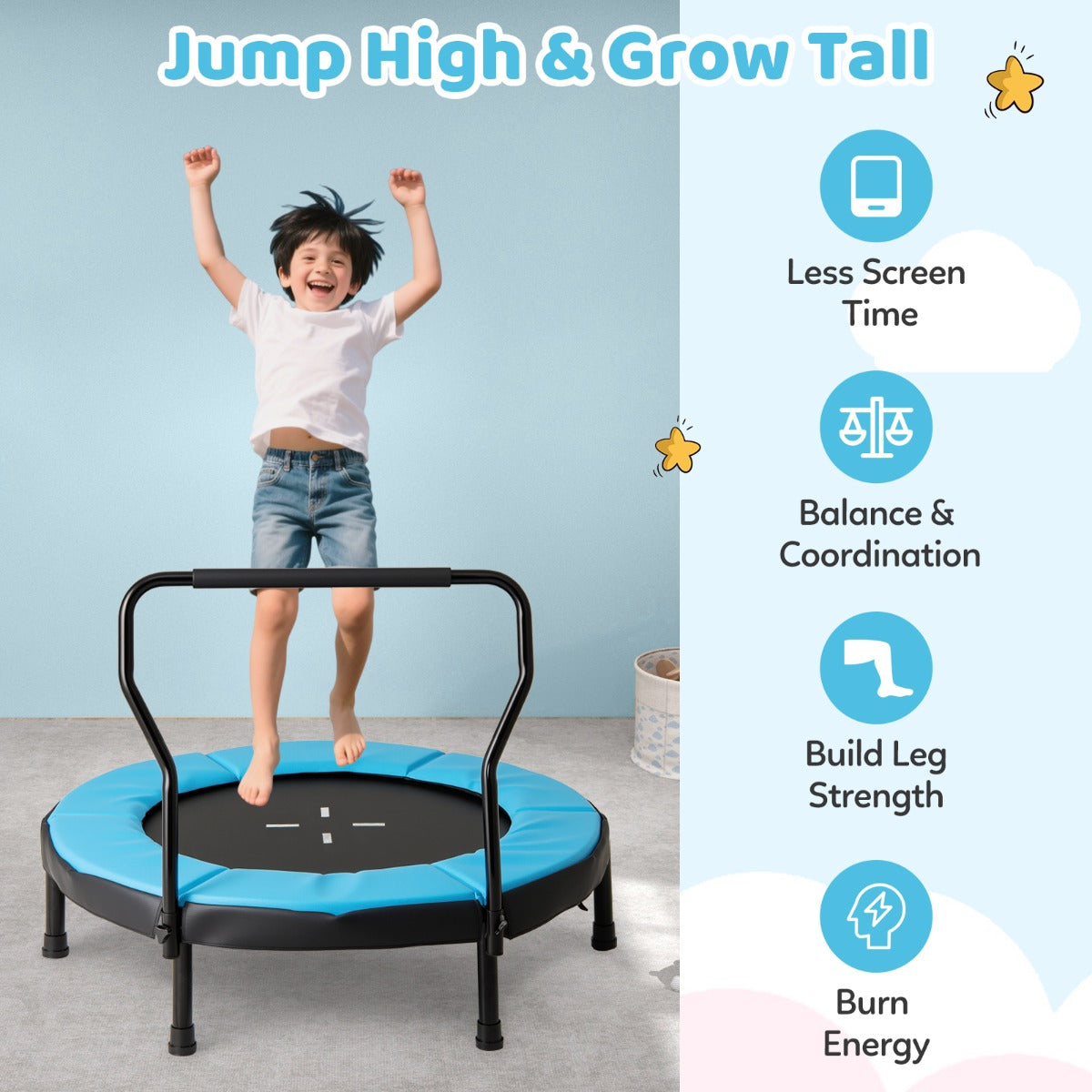 LIVSK Kindertrampoline - Afneembare Handgrepen - Waterdichte PP-mat - Belastbaar tot 100 kg - Eenvoudige Montage - Blauw