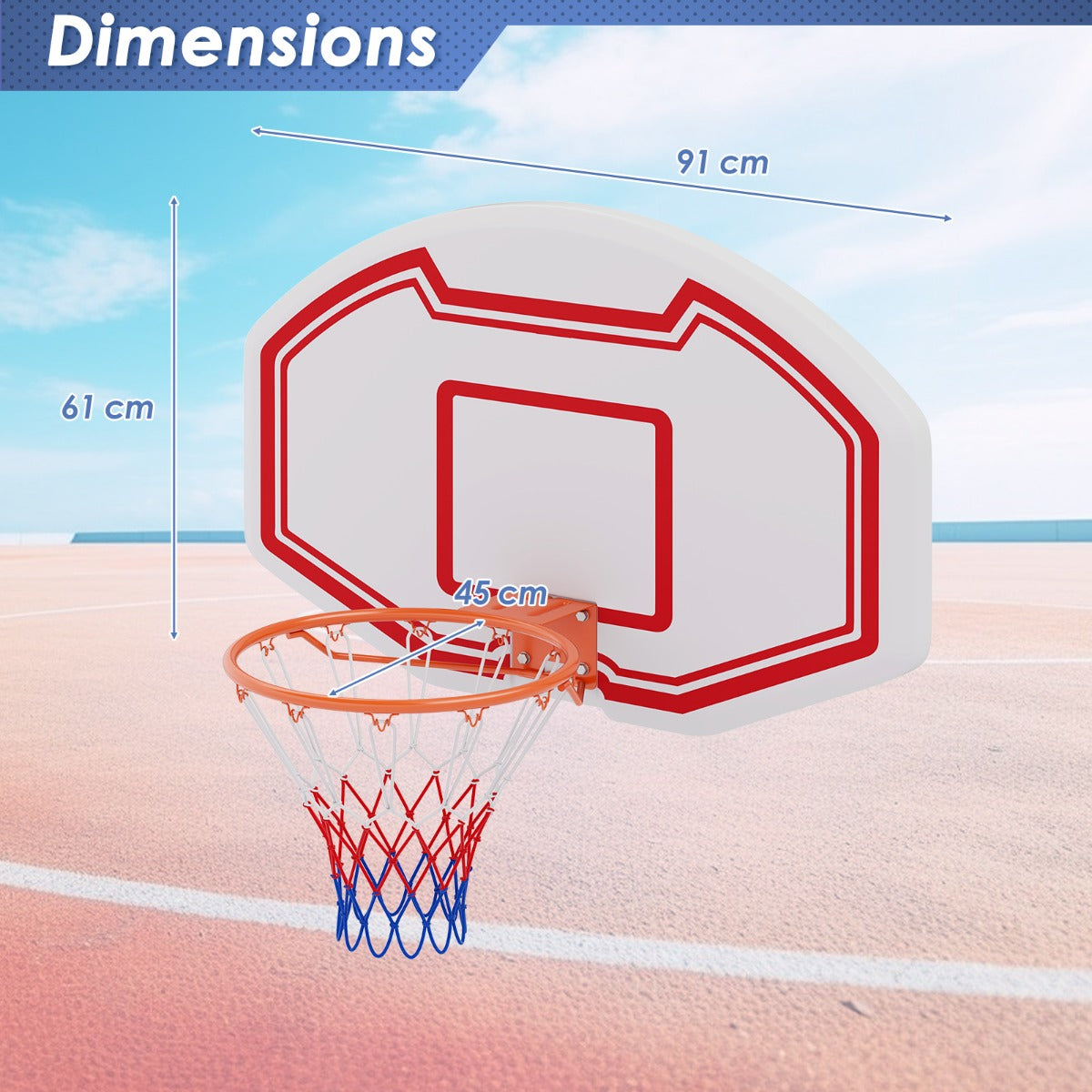 LIVSK Wandmontage Basketbalkorf - Onbreekbaar PE-backboard 91 x 61 cm - Sterke metalen rand - Weerbestendig net - Wit + Rood